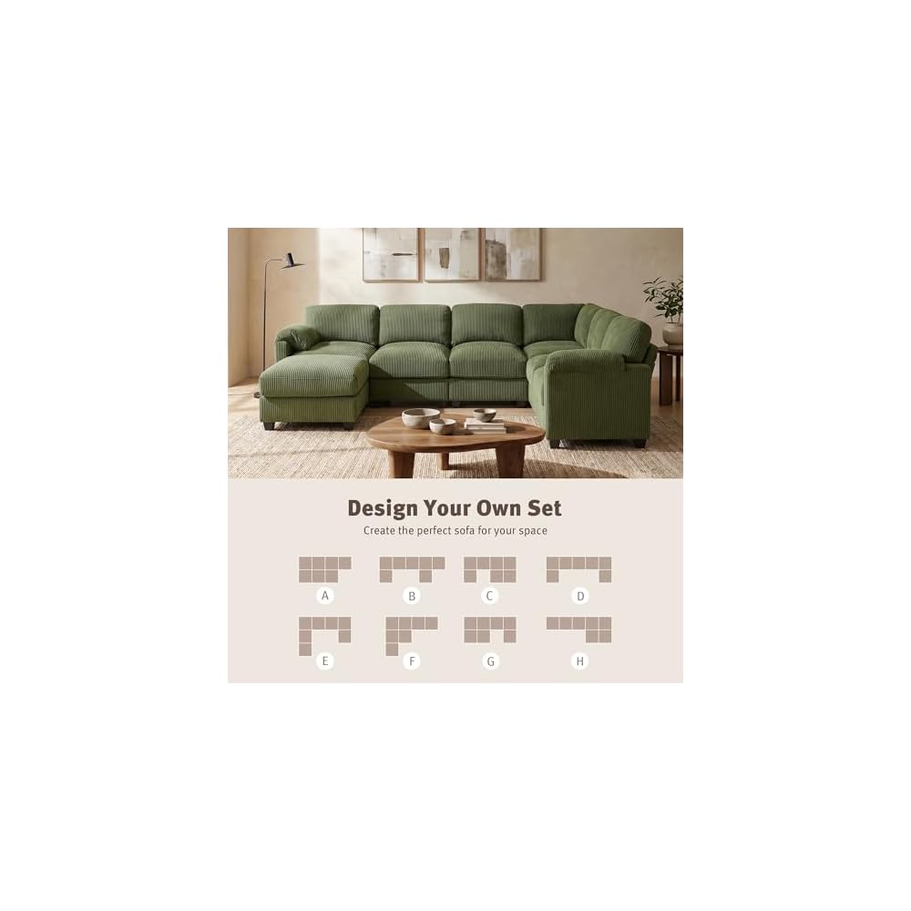 115'' U Shaped Modular Sectional Sofa, Corduroy Cloud Couch with Deep Comfy Seat & Movable Ottoman,Oversized 7-Seater Sofa for Living Room, Green