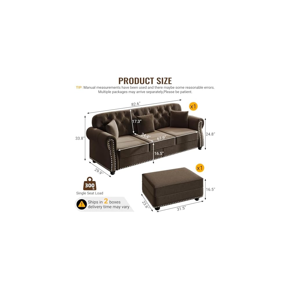 82.6" Deep Seat Chesterfield Sofa with Ottoman, Mid-Century Modern Velvet Couch with Nailhead Trim, Rolled Arm& 3 Pillows, Comfy Tufted Upholstered 3 Seater Love Seat Couches for Living Room (Brown)