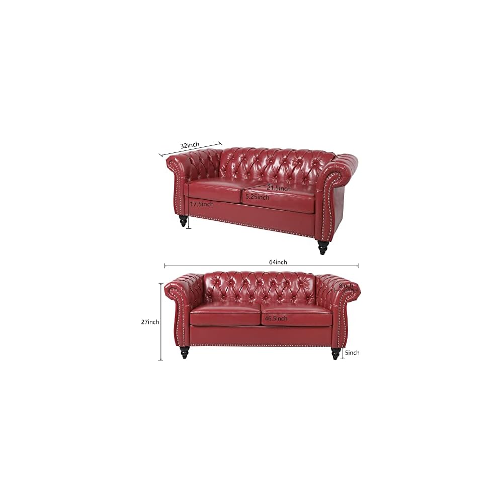 Traditional Chesterfield PU Loveseat Sofa, Modern Vintage Chesterfield Button Tufted Faux Leather Couch with Nailhead Trim Scrolled Arms for Living Room Bedroom Office(Burgundy)