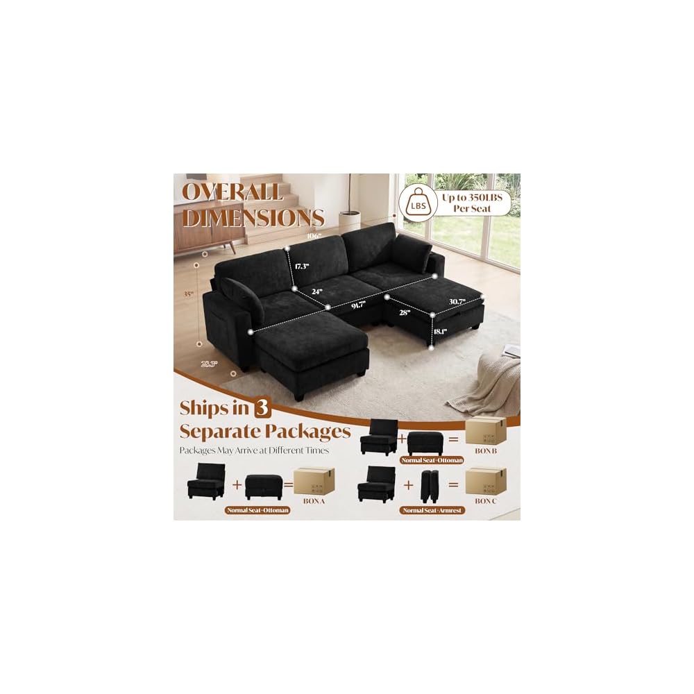 106" Modular Sectional Sofa with Storage, Convertible U Shaped Couch with Movable Ottoman, 5 Seat Modern Chenille Sectional Sofa for Living Room (Black, 106'')