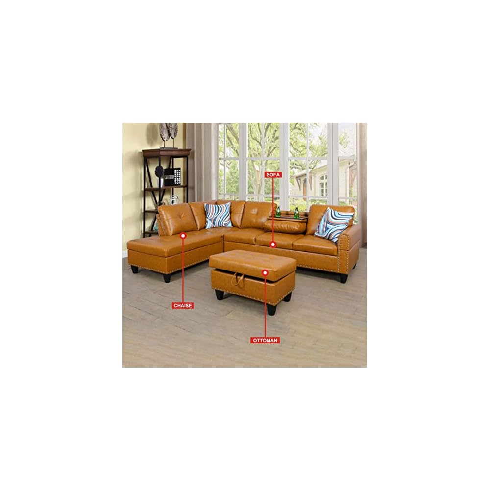 3-Piece Faux Leather L-Shaped Sectional Sofas, Button Tufted Upholstered Couches with Chaise Lounge and Storage Ottoman, Modular Living Room Set, Foldable Console and Cup Holder