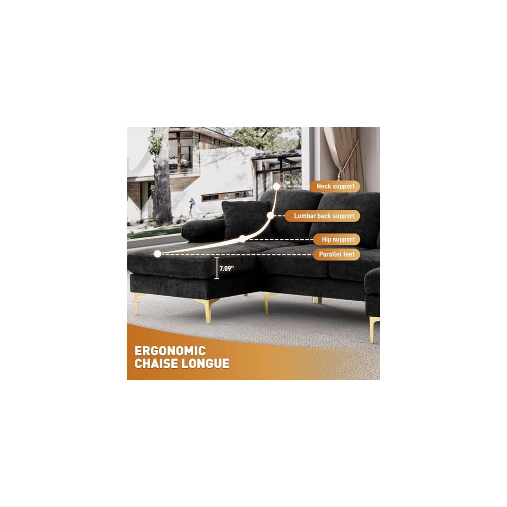 U Shaped Couches for Living Room, Convertible L Shaped Couch with Double Chaise Lounge, Modern Comfy Oversized 4 Seater Couches for Living Room Set, Black
