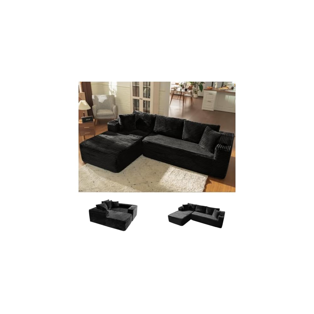 106" L Shaped Cloud Sectional Couch with Chaise, Corduroy Boneless Couch with Wide Armrests and Cup Holders for Living Room Bedroom, No Assembly Required (Black)