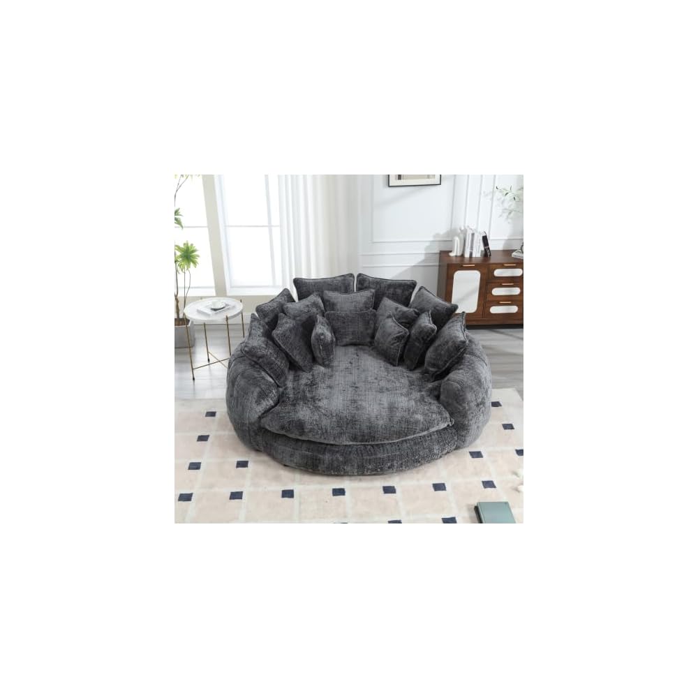 Boneless Round Couch with Deep Seat and 14 Removable Pillows, Oversized Circle Chaise Lounge Chair for 2 Person, Comfy Chenille Loveseat Cloud Couches for Living Room, Dark Grey