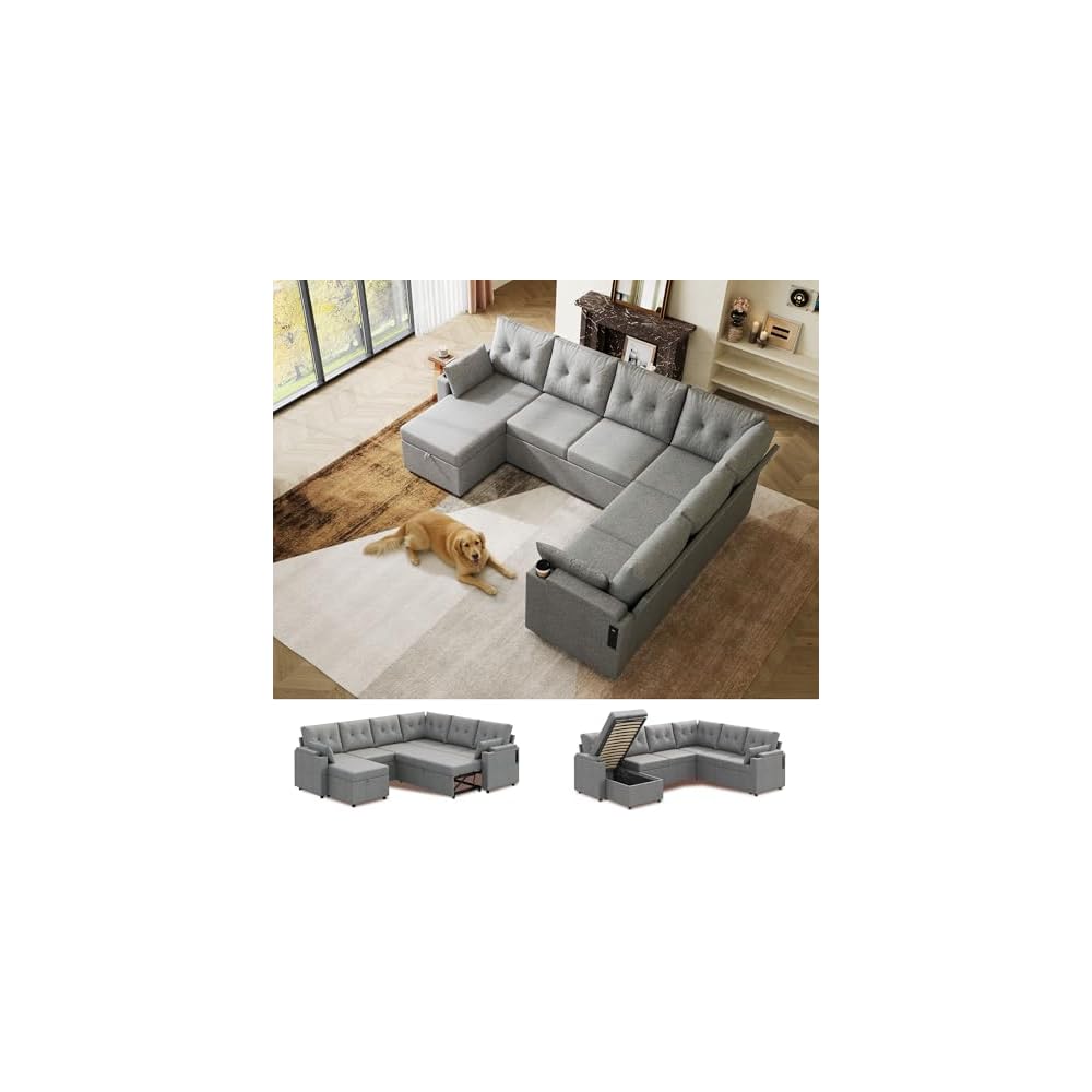 110'' Sectional Couches for Living Room, Pull Out Couch, U Shape 7 Seat Sleeper Sofa with Storage Chaise and Pillows, Removable Sofa Cover, Cups Holders, USB Charging Station, Grey