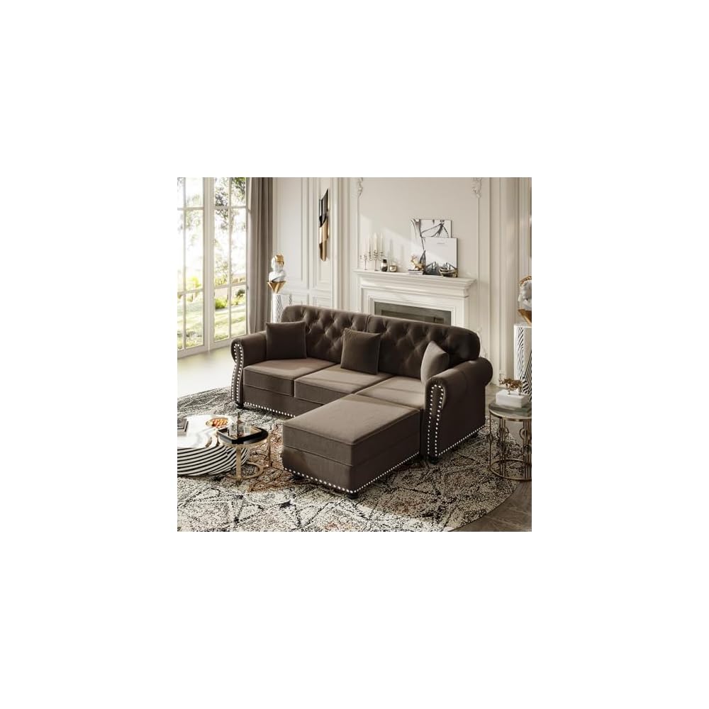 82.6" Deep Seat Chesterfield Sofa with Ottoman, Mid-Century Modern Velvet Couch with Nailhead Trim, Rolled Arm& 3 Pillows, Comfy Tufted Upholstered 3 Seater Love Seat Couches for Living Room (Brown)