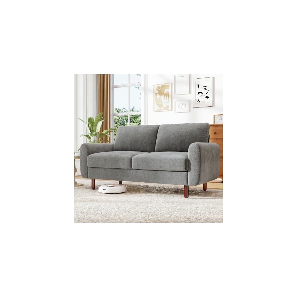 68" Loveseat Sofa, Small Couch for Small Spaces, Mid Century Modern Couch, Comfy Chenille Sofa with Spring Cushion and Wood Frame, Deep Seat Couch for Living Room Bedroom Office, Grey