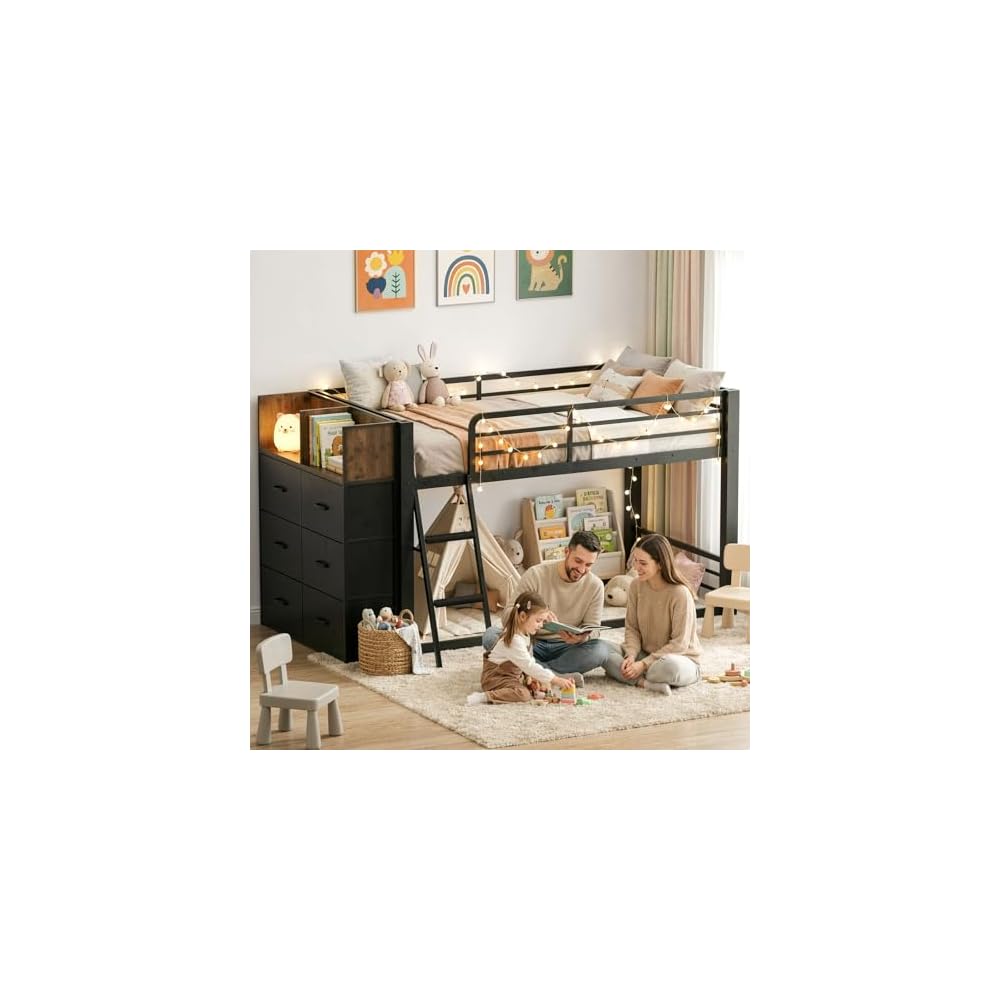 Twin Over Twin Bunk Bed with 6 Drawers & Covered Ladder, Low-Design, Black