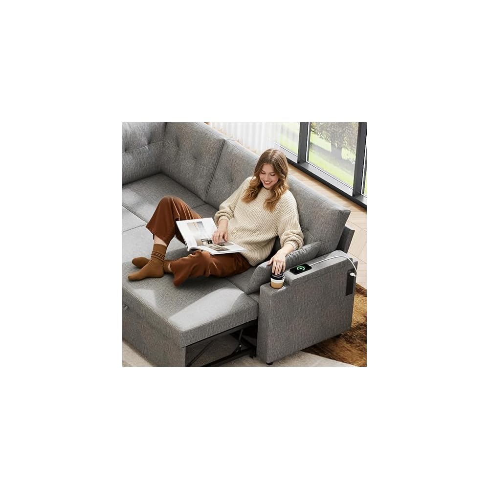 110'' Sectional Couches for Living Room, Pull Out Couch, U Shape 7 Seat Sleeper Sofa with Storage Chaise and Pillows, Removable Sofa Cover, Cups Holders, USB Charging Station, Grey