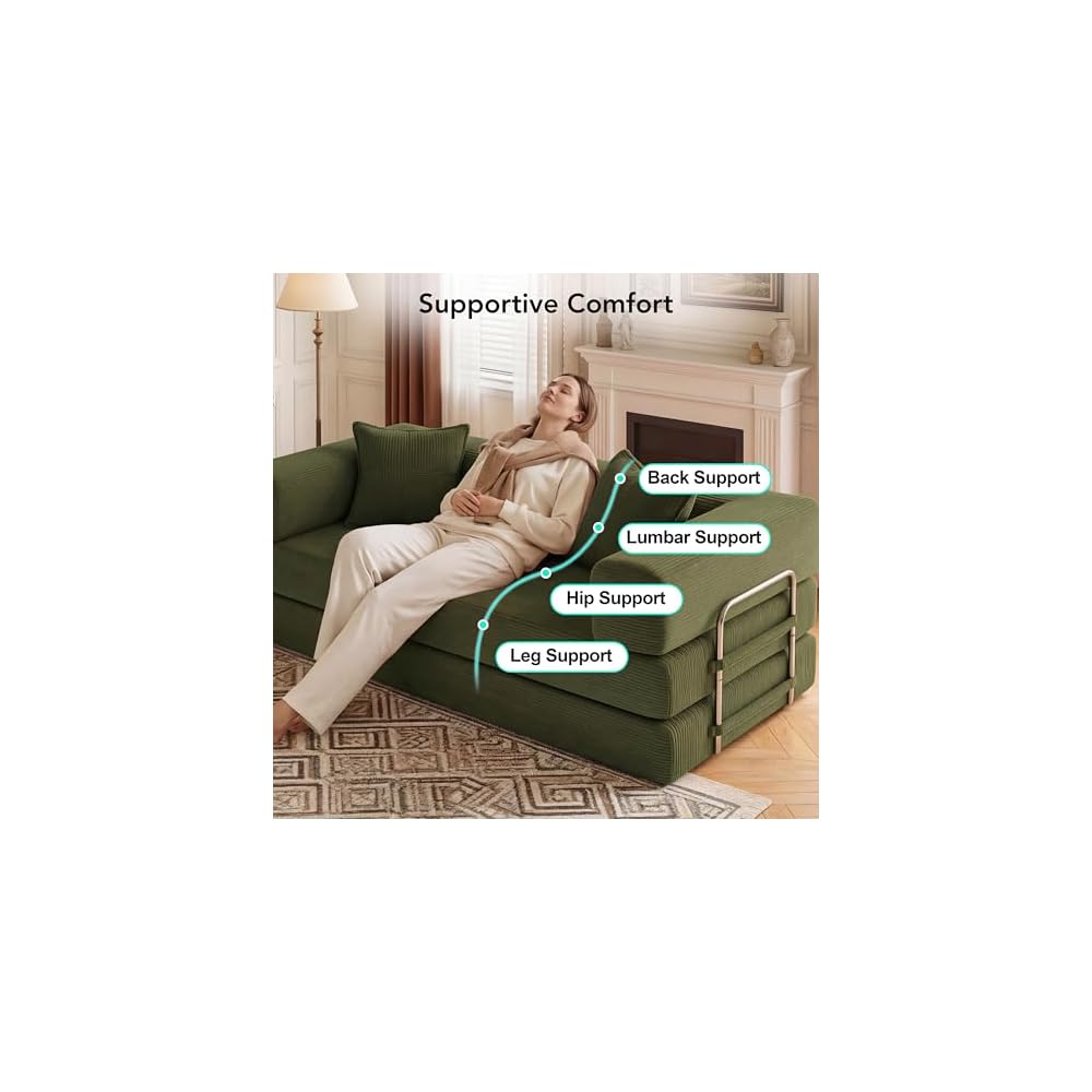5-in-1 Convertible Sofa Bed,65" Folding Boneless Couch with Fixed-Shape Frame, Corduroy Floor Sofa Loveseat Sleeper for Living Room, Bedroom, Small Apartment, Green