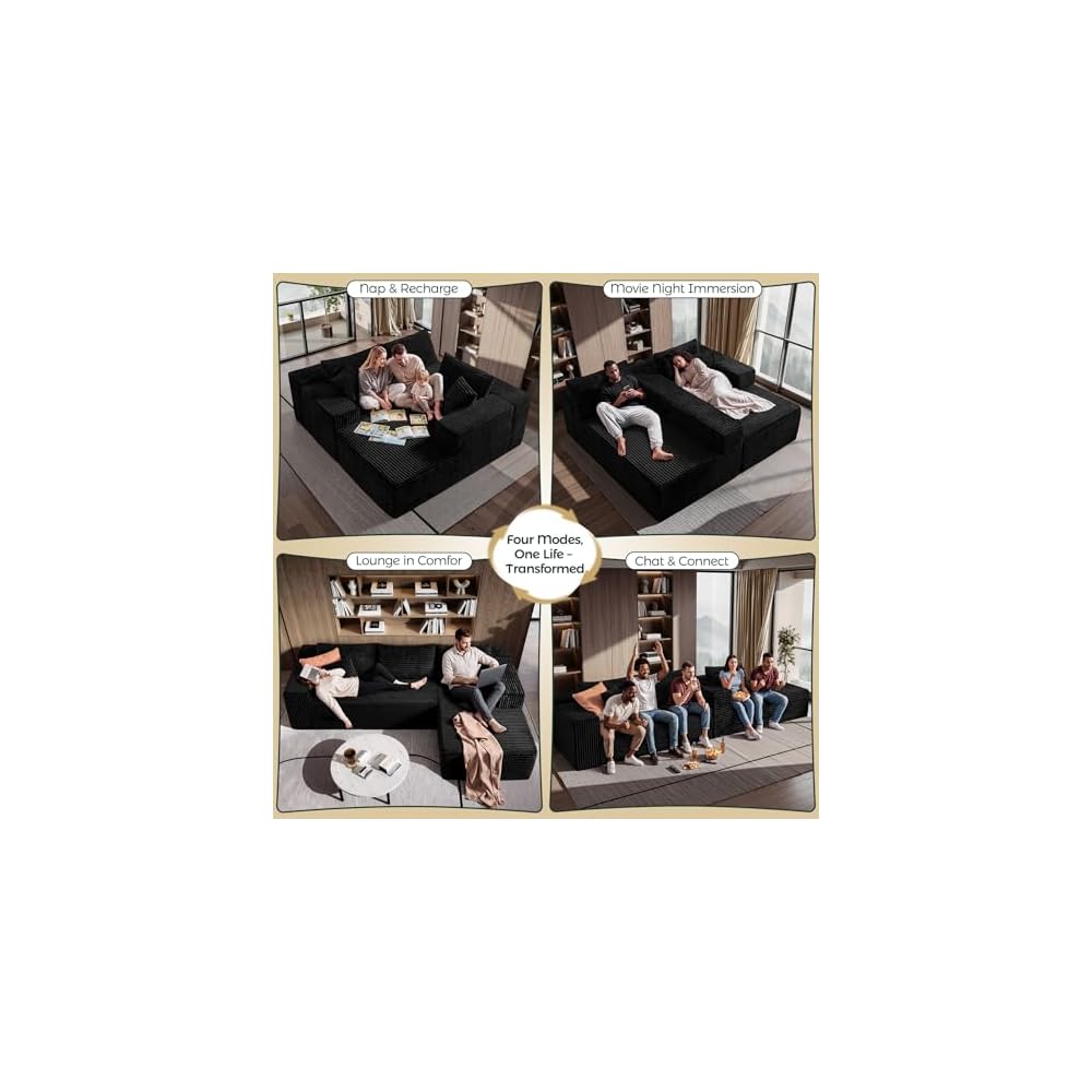108" Black Corduroy Modular Sectional Sofa L-Shaped Cloud Couch with Left Facing Chaise, Boneless Deep Seat Sofa, No Assembly Compressed Couch for Living Room & Apartment