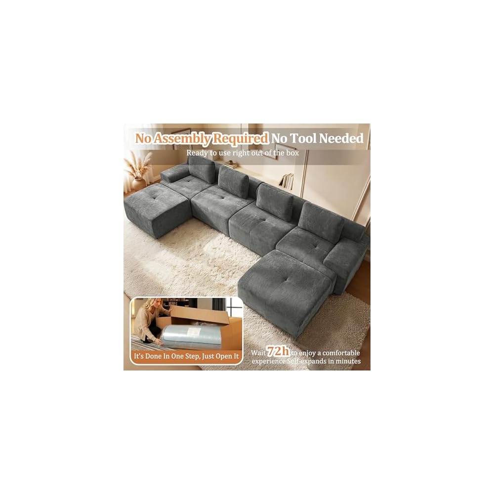 159" U-Shaped Modular Sectional Sofa, Oversized Boneless Cloud Couch for Living Room with Extra Deep Seat & High Back, Tool-Free No Assembly, Soft Chenille (Dark Grey, 159 inch-U Shaped（4+2）)