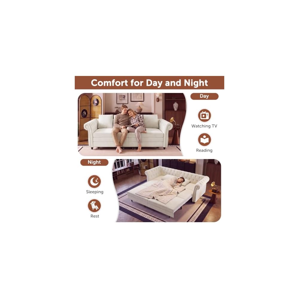 89'' 3-in-1 Pull Out Velvet Chesterfield Convertible Sofa Bed(Beige)
