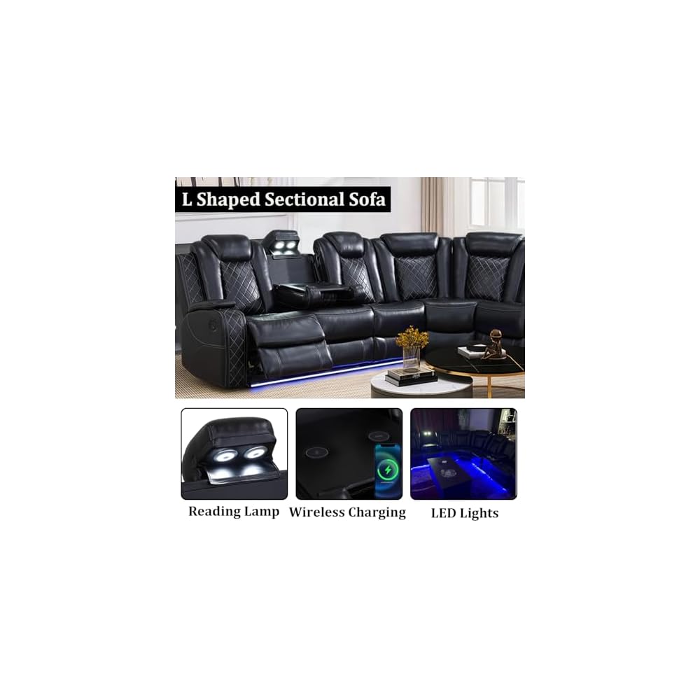 Power Reclining Sectional Sofa Set with LED Lights, Vegan Leather Recliner Sectional Couch for Living Room Furniture,Wireless Charging/USB Charging/Reading Lamp/Armrest Storage,Black