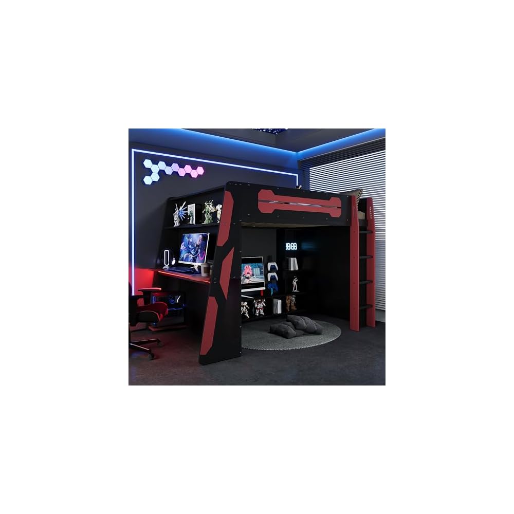 Gaming Loft Bed with Desk and Lights, Full Loft Bed with Storage Shelves and Work Station, Wood Loft Bed Frame for Kids, Boys, Girls, Teens, No Spring Box Needed & Dedicated Style, Red