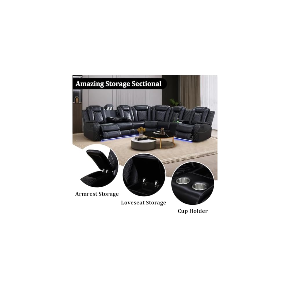 Power Reclining Sectional Sofa Set with LED Lights, Vegan Leather Recliner Sectional Couch for Living Room Furniture,Wireless Charging/USB Charging/Reading Lamp/Armrest Storage,Black