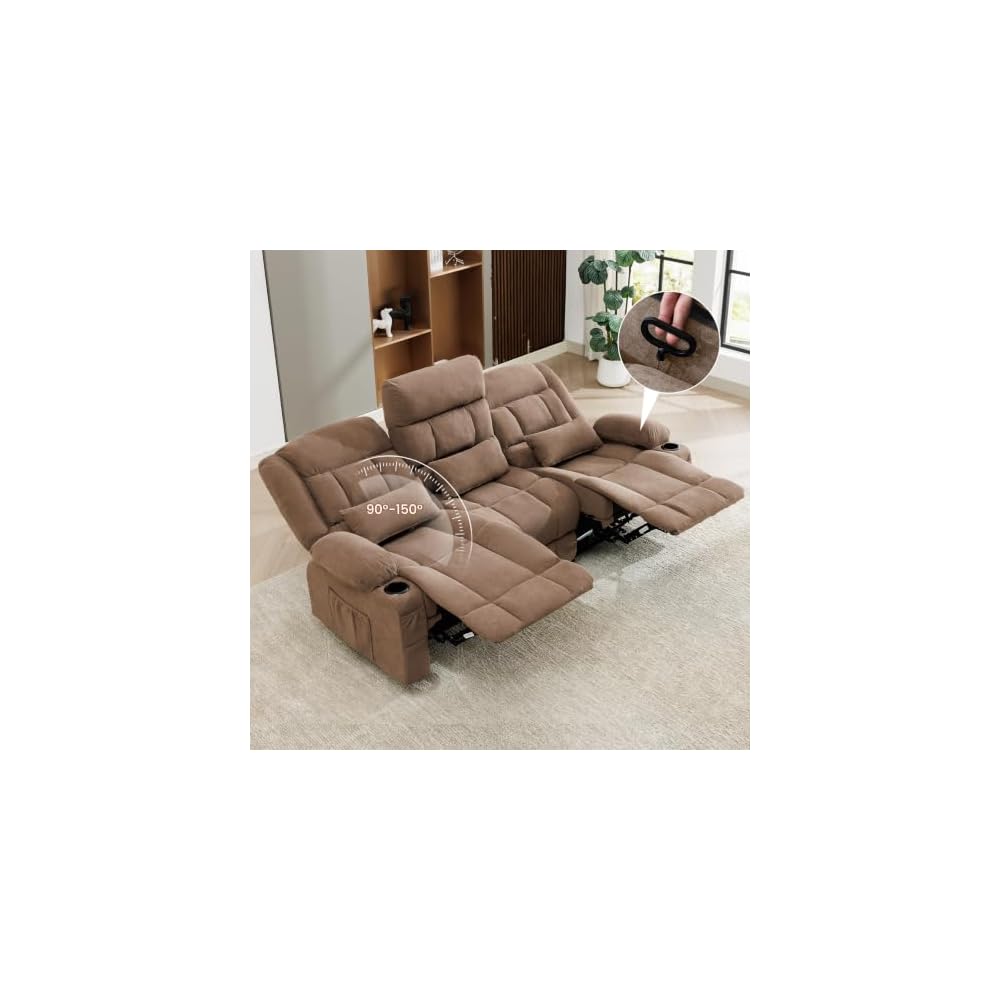 Reclining Sofa with Cup Holders for Living Room 3 Seat Manual Sofa Recliner with Side Pocket