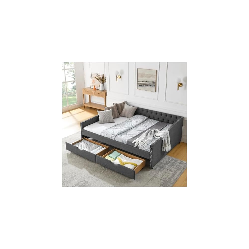 Queen Size Upholstery Daybed with 2 Drawers and Headboard, Mid-Century Style Tufted Sofa Bed with Button on Back, Easy Assembly, No Box Spring Required, for Living Room and Bedroom, Dark Grey