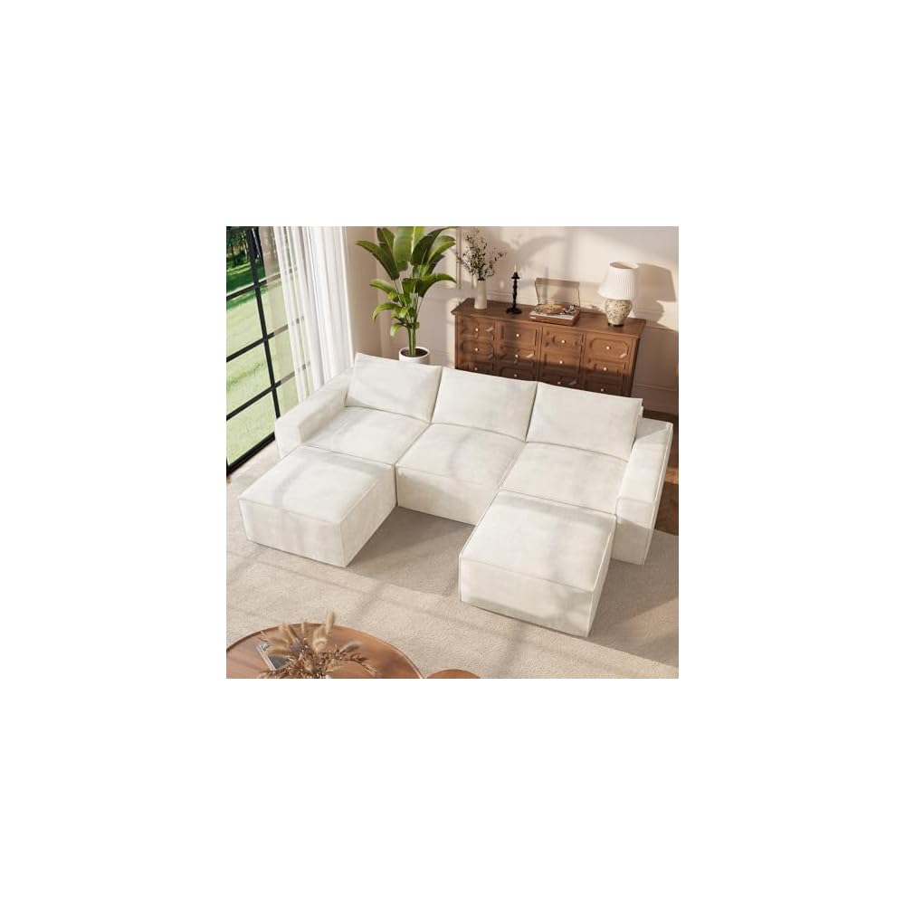 114" U Shaped Boneless Couch, Deep Seat Sectional Sofa, Beige