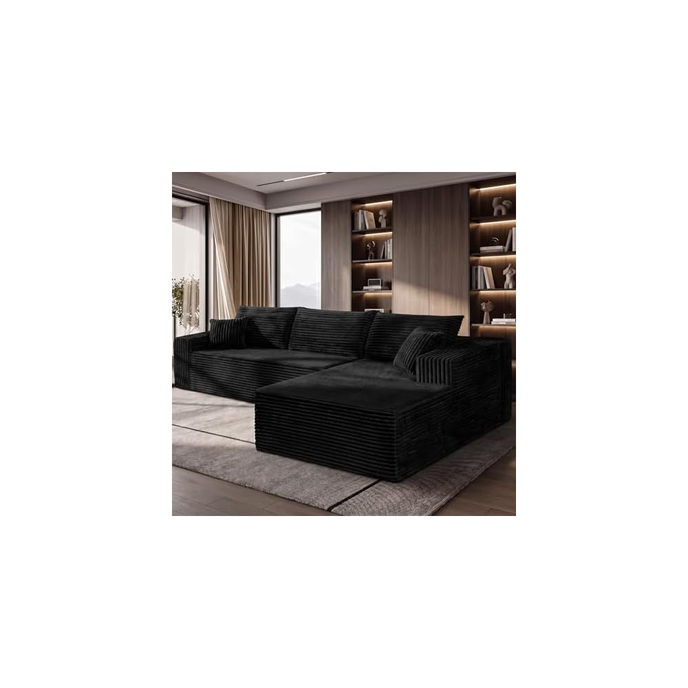 108" Black Corduroy Modular Sectional Sofa L-Shaped Cloud Couch with Left Facing Chaise, Boneless Deep Seat Sofa, No Assembly Compressed Couch for Living Room & Apartment