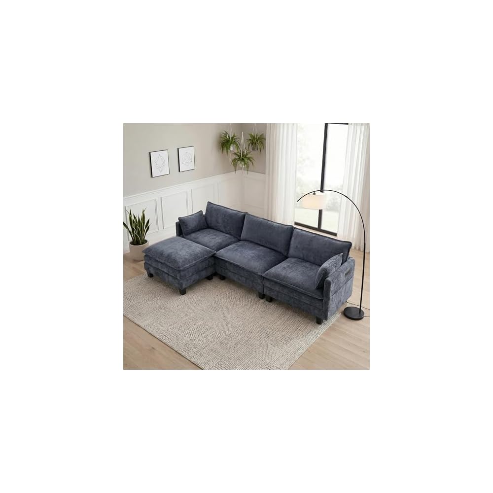 110.4" L Shaped Modular Sectional Couch with USB, Comfy Chenille Upholstered Cloud Couches with Movable Ottoman for Living Room, Modern 3 Seater Sofa with Side Pocket for Apartment, Navy Blue
