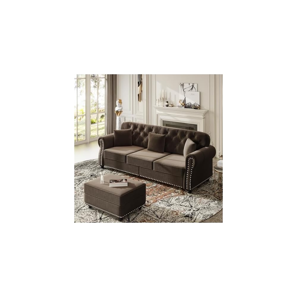 82.6" Deep Seat Chesterfield Sofa with Ottoman, Mid-Century Modern Velvet Couch with Nailhead Trim, Rolled Arm& 3 Pillows, Comfy Tufted Upholstered 3 Seater Love Seat Couches for Living Room (Brown)