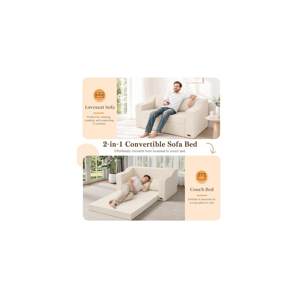 58" Boneless Loveseat Sofa Bed, Corduroy Pull Out, Beige
