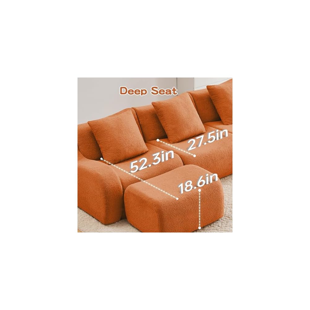 Boneless Cloud Couch Modular Sectional Sofa, U Shaped Couch 3 Seater Comfy Teddy Sofa, Deep Seat Sectional Couches for Living Room, Oversized Floor Couches with Ottoman, No Assembly, Orange