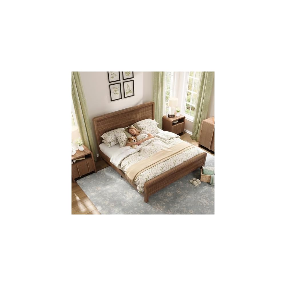 Queen Wood Bed Frame with Fluted Headboard & Footboard, Walnut
