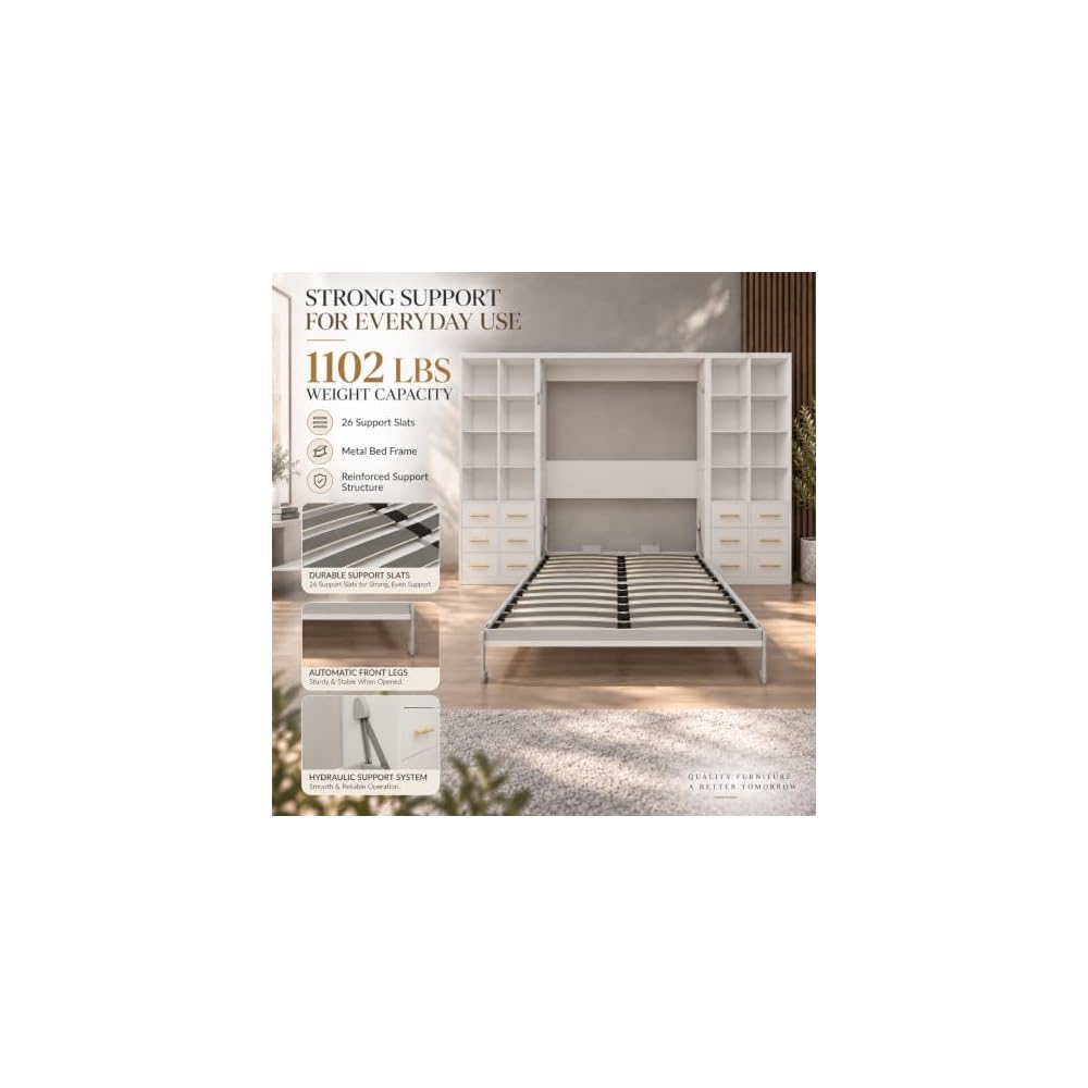 Queen Murphy Bed with Desk and Storage, Space-Saving Wall Bed with Cabinets