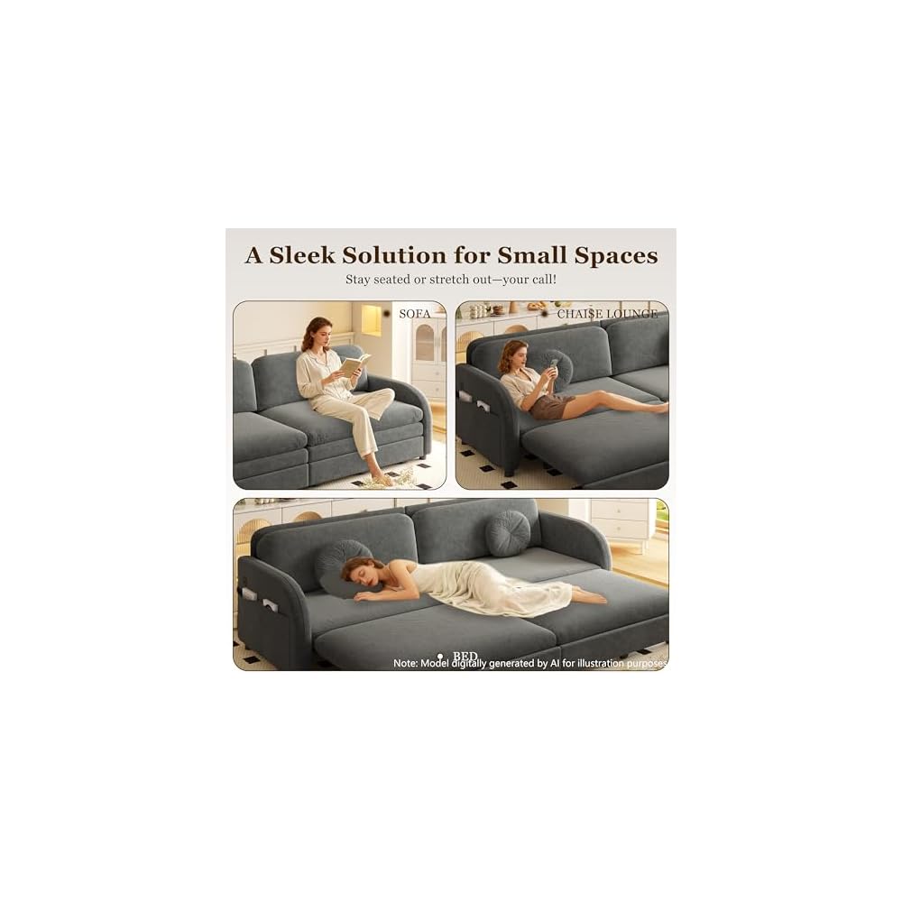 65.4'' Sleeper Sofa Bed Queen Size, 3in1 Convertible Pull Out Couch, Grey