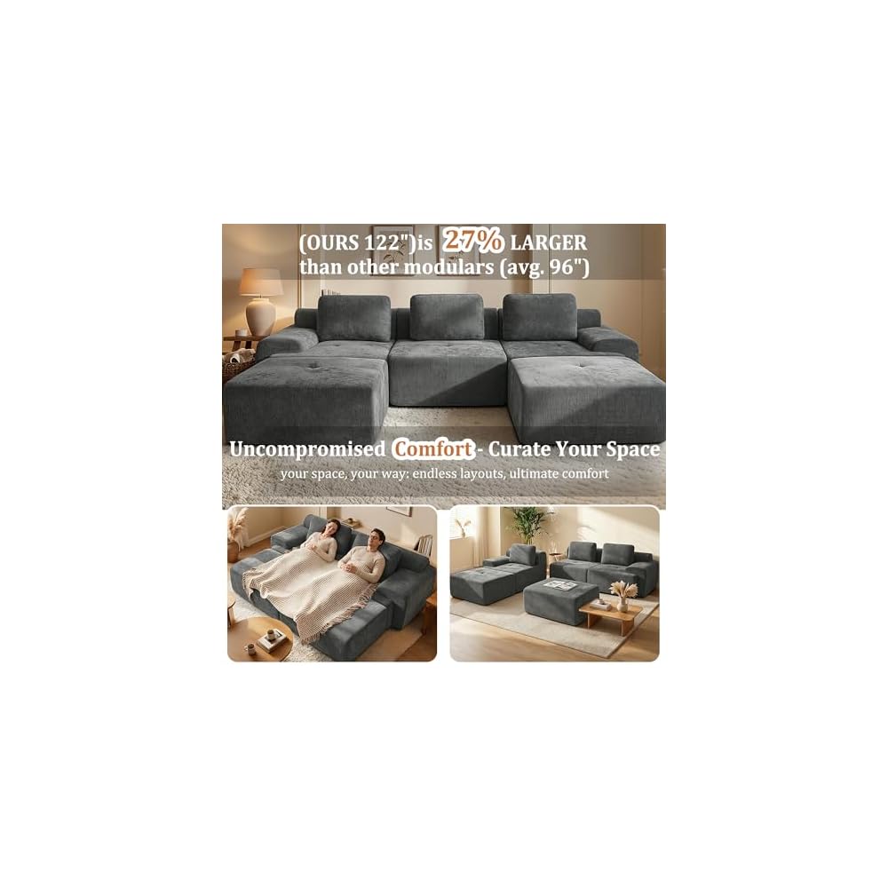 159" U-Shaped Modular Sectional Sofa, Oversized Boneless Cloud Couch for Living Room with Extra Deep Seat & High Back, Tool-Free No Assembly, Soft Chenille (Dark Grey, 159 inch-U Shaped（4+2）)