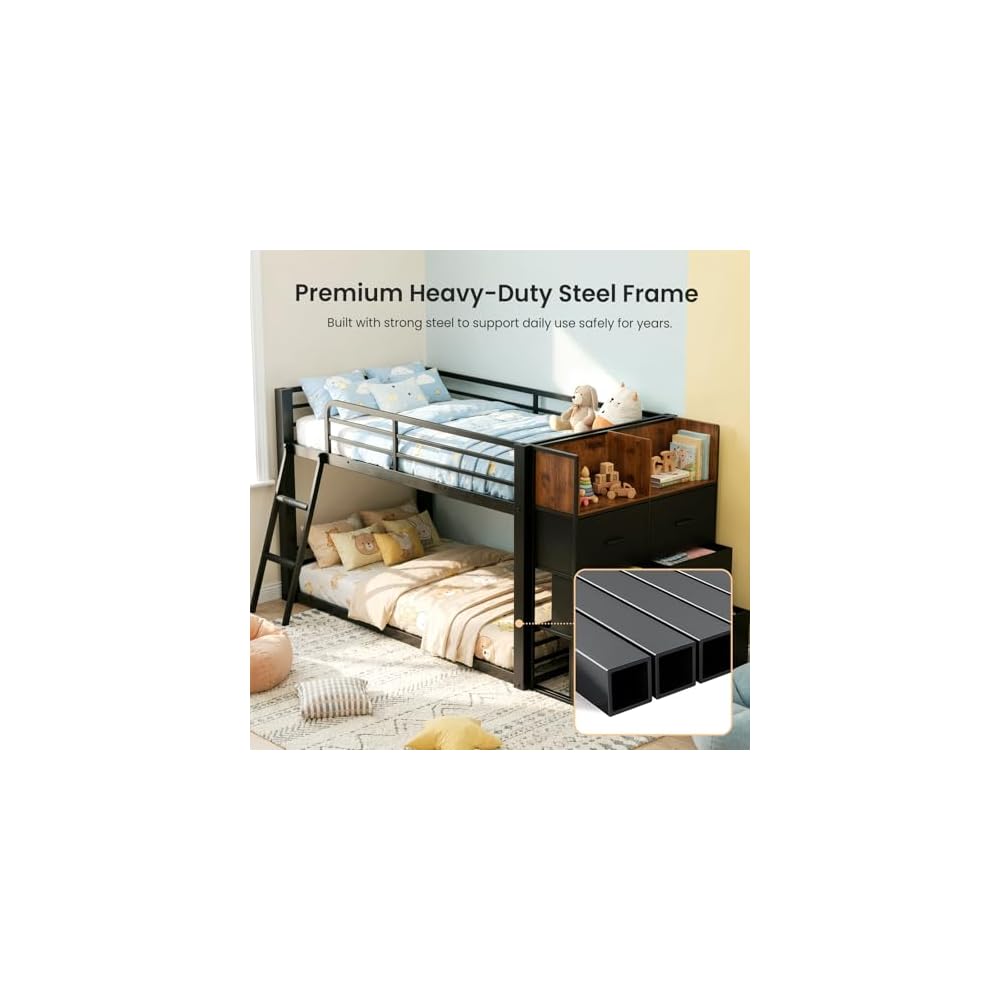 Twin Over Twin Bunk Bed with 6 Drawers & Covered Ladder, Low-Design, Black