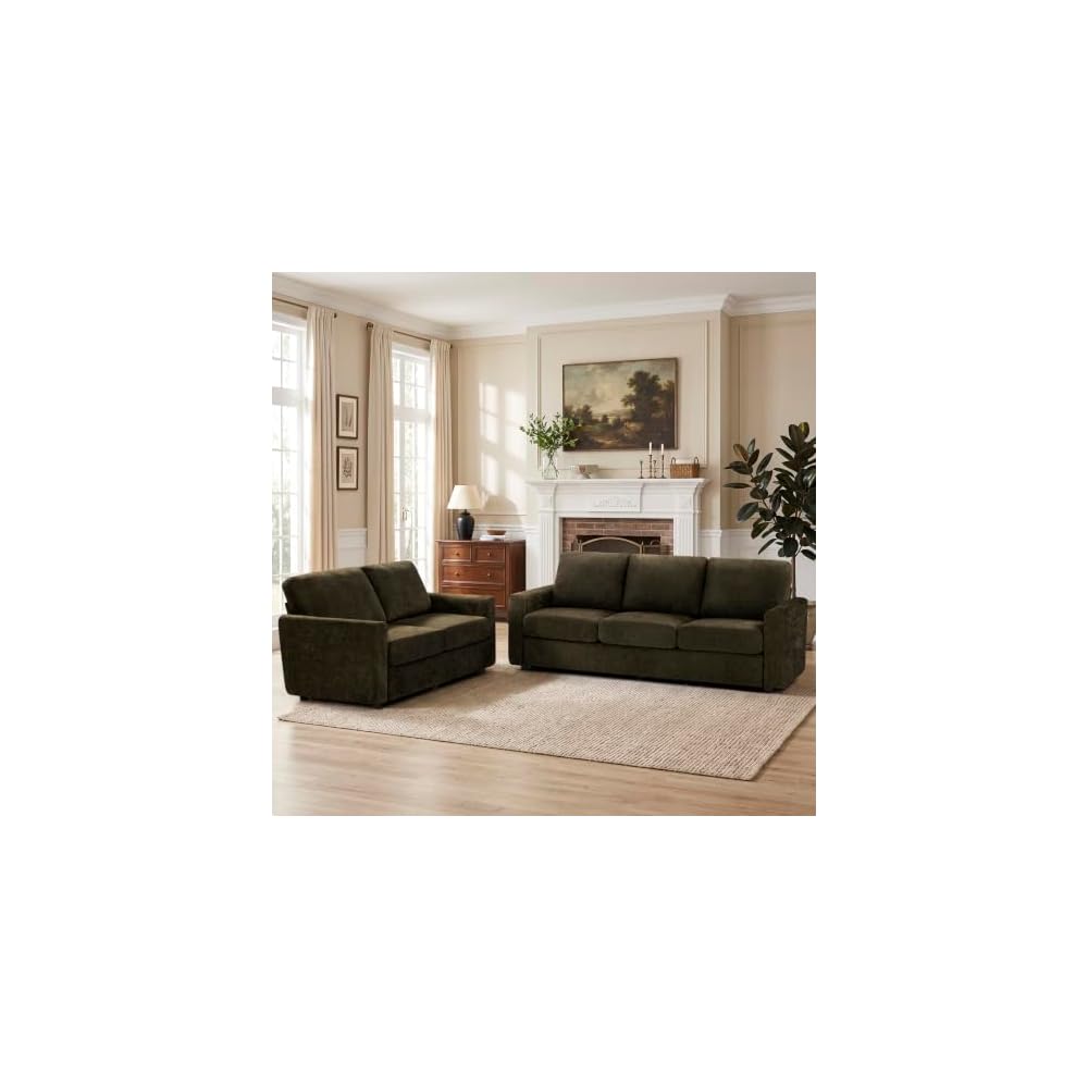 2 Pieces Chenille Sofa Sets w/Comfortable Back Cushions, Brown
