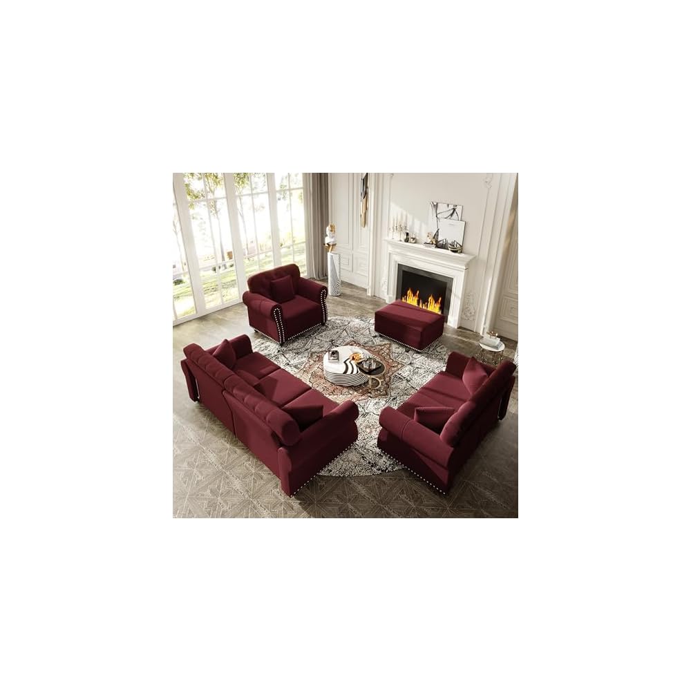 4-Piece Chesterfield Sofa Set, Upholstered Velvet 3-Seater Sofa & Loveseat & Single Sofa & Ottoman with Nailhead Trim, Modern Button Tufted Sectional Couches for Living Room, Burgundy