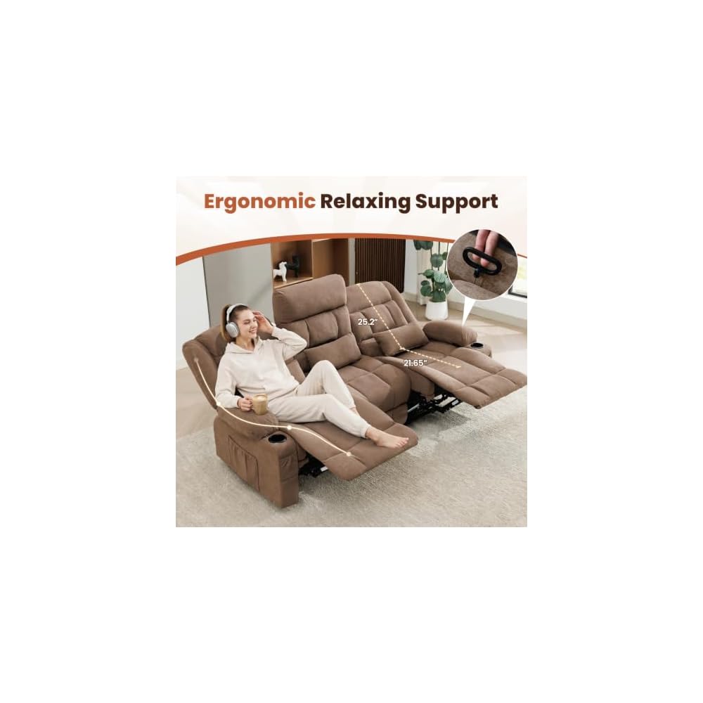 Reclining Sofa with Cup Holders for Living Room 3 Seat Manual Sofa Recliner with Side Pocket
