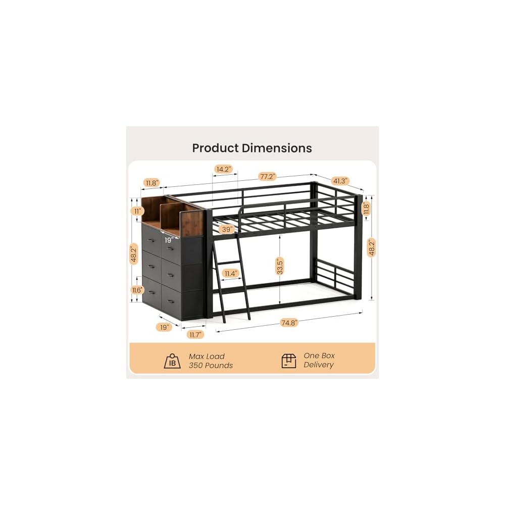 Twin Over Twin Bunk Bed with 6 Drawers & Covered Ladder, Low-Design, Black