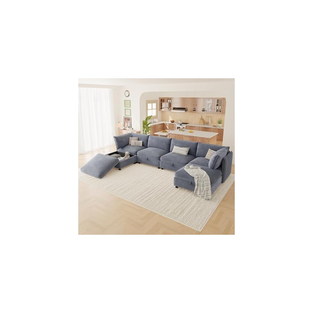 125'' Modular Sectional Sofa,FSC Certified 6 Seater Sectional Sofa,Corduroy Modern Couch with Removable Covers,Modern Couch with Ottoman,U Shaped Couch with Storage,Gray Couches for Living Room