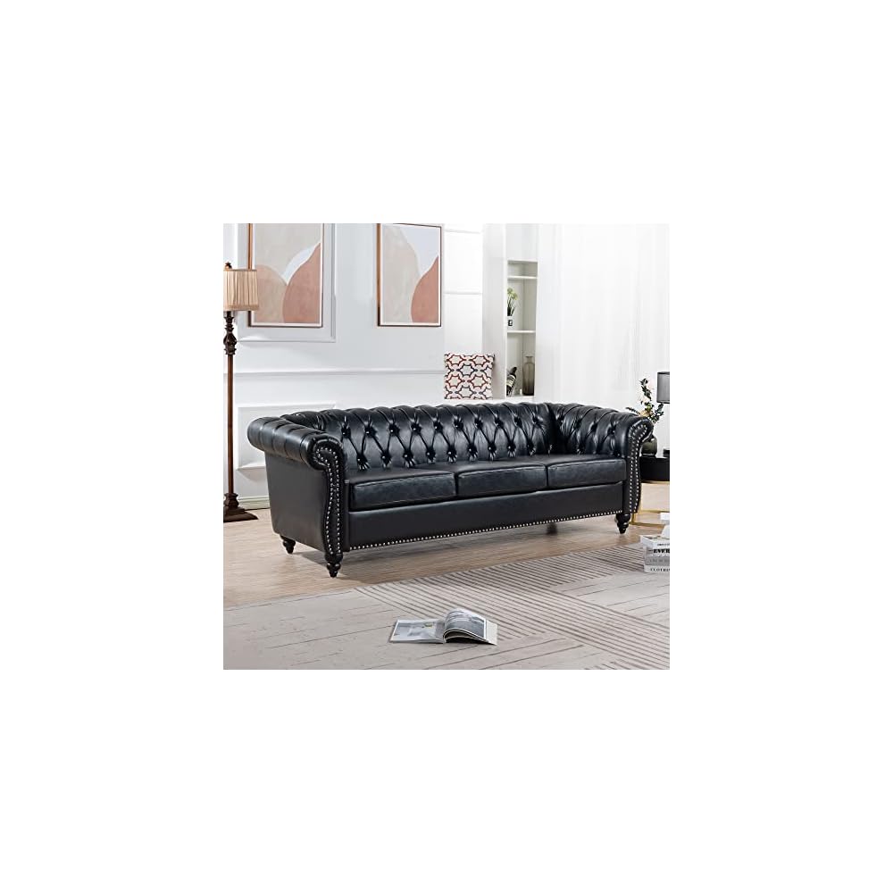 84" Chesterfield Leather Sofa with Channel Tufted Seat Back,Classic 3 Seater Couch w/Roll Arm Nailhead Trim and Upholstered,Mid Century Furniture for Living Room,Bedroom,Office,Black PU
