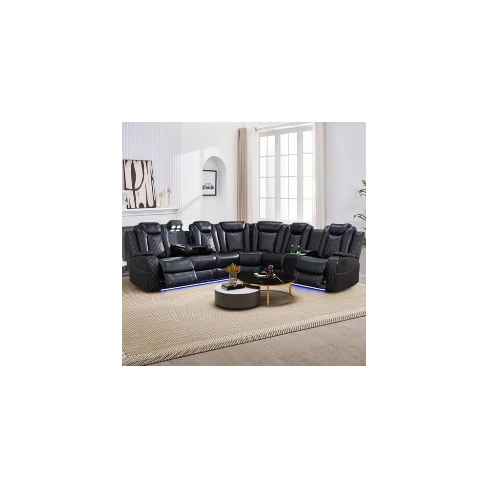 Power Reclining Sectional Sofa Set with LED Lights, Vegan Leather Recliner Sectional Couch for Living Room Furniture,Wireless Charging/USB Charging/Reading Lamp/Armrest Storage,Black