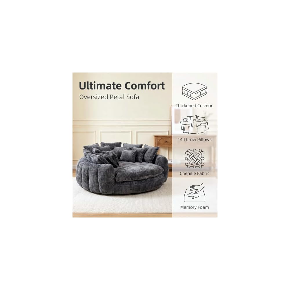 Boneless Round Couch with Deep Seat and 14 Removable Pillows, Oversized Circle Chaise Lounge Chair for 2 Person, Comfy Chenille Loveseat Cloud Couches for Living Room, Dark Grey