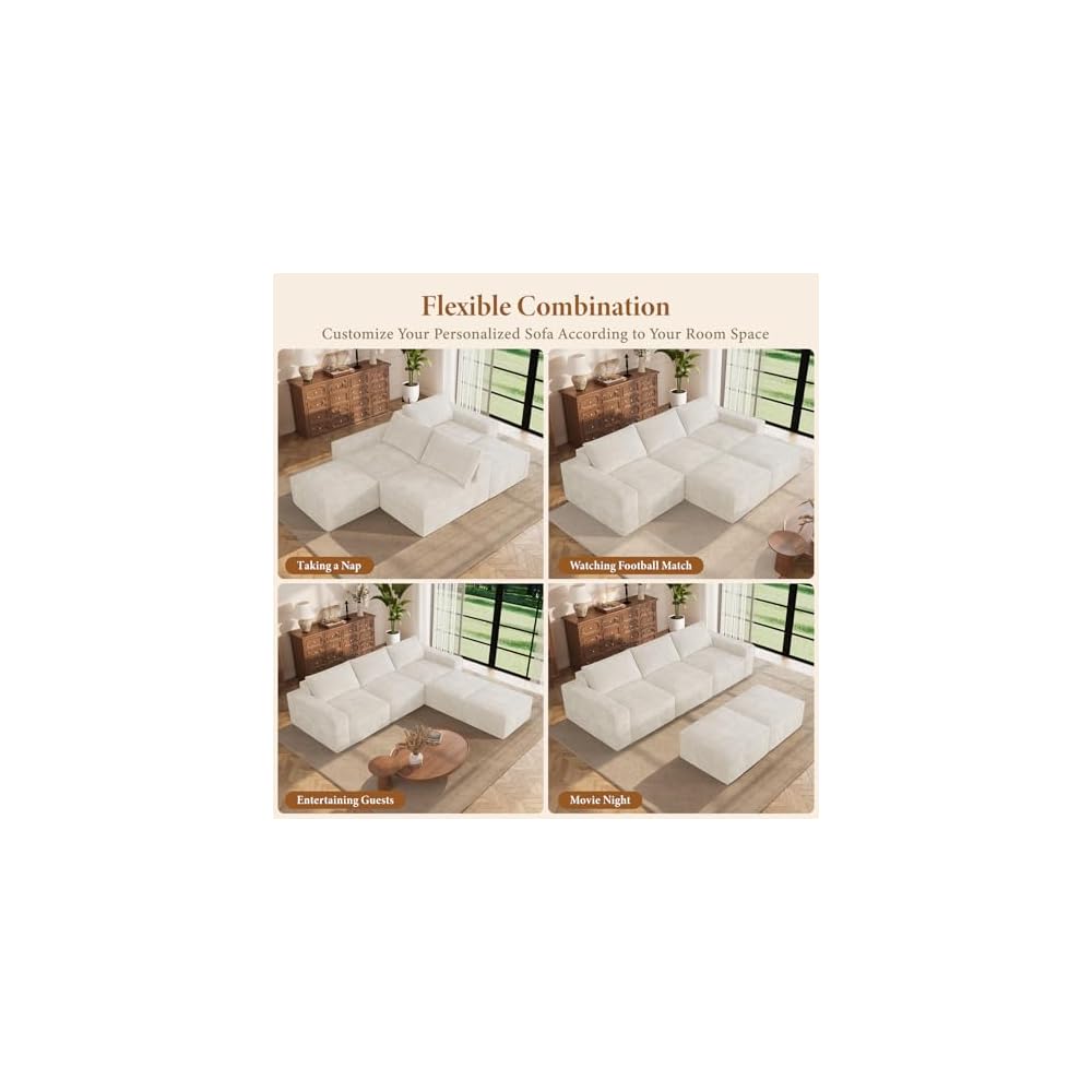 114" U Shaped Boneless Couch, Deep Seat Sectional Sofa, Beige
