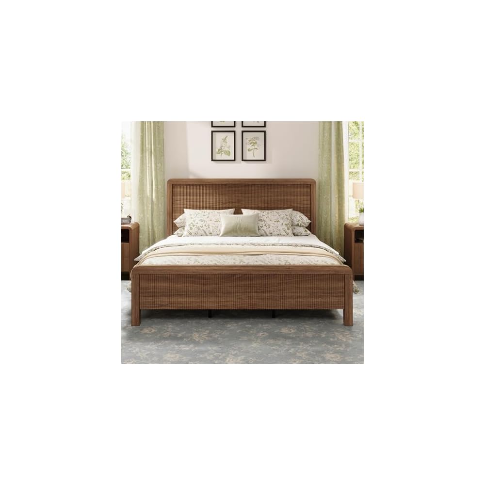 Queen Wood Bed Frame with Fluted Headboard & Footboard, Walnut