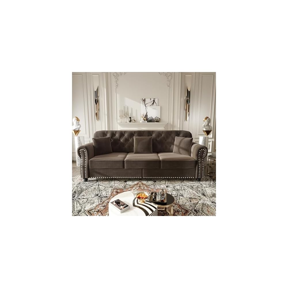 82.6" Deep Seat Chesterfield Sofa with Ottoman, Mid-Century Modern Velvet Couch with Nailhead Trim, Rolled Arm& 3 Pillows, Comfy Tufted Upholstered 3 Seater Love Seat Couches for Living Room (Brown)
