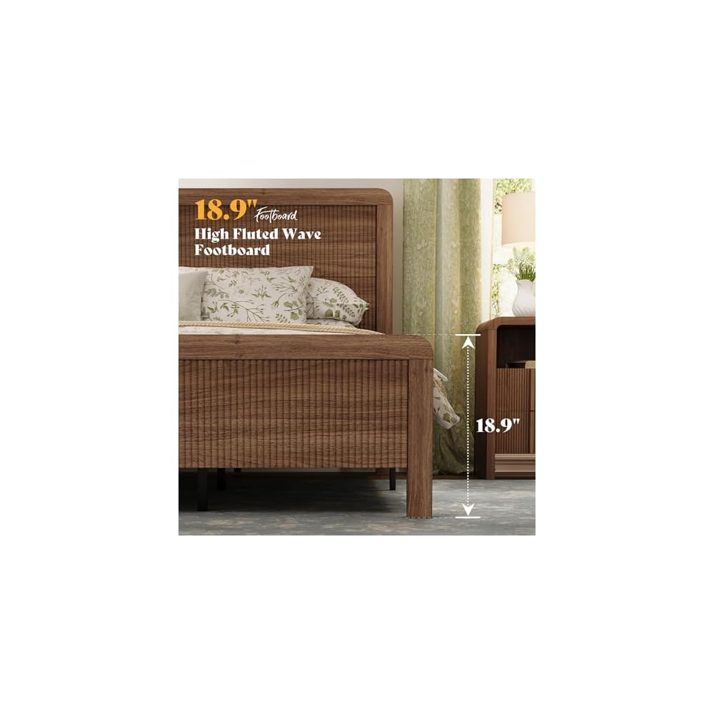 Queen Wood Bed Frame with Fluted Headboard & Footboard, Walnut