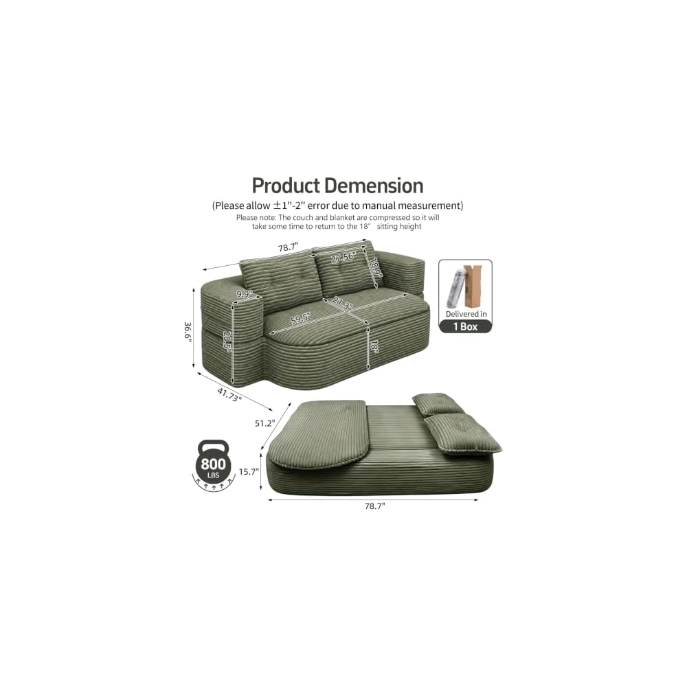 78" Full-Size Boneless Couch, 2-in-1 Convertible Sofa（Green）