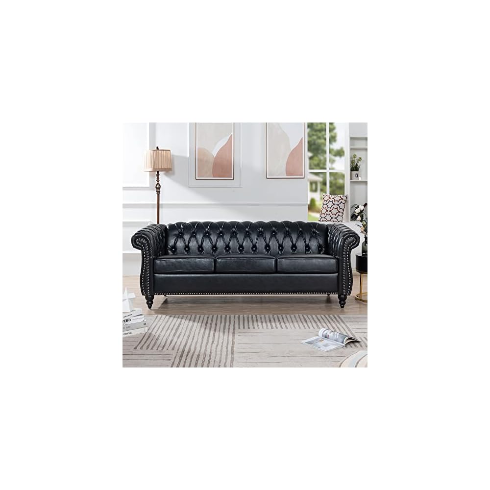 84" Chesterfield Leather Sofa with Channel Tufted Seat Back,Classic 3 Seater Couch w/Roll Arm Nailhead Trim and Upholstered,Mid Century Furniture for Living Room,Bedroom,Office,Black PU