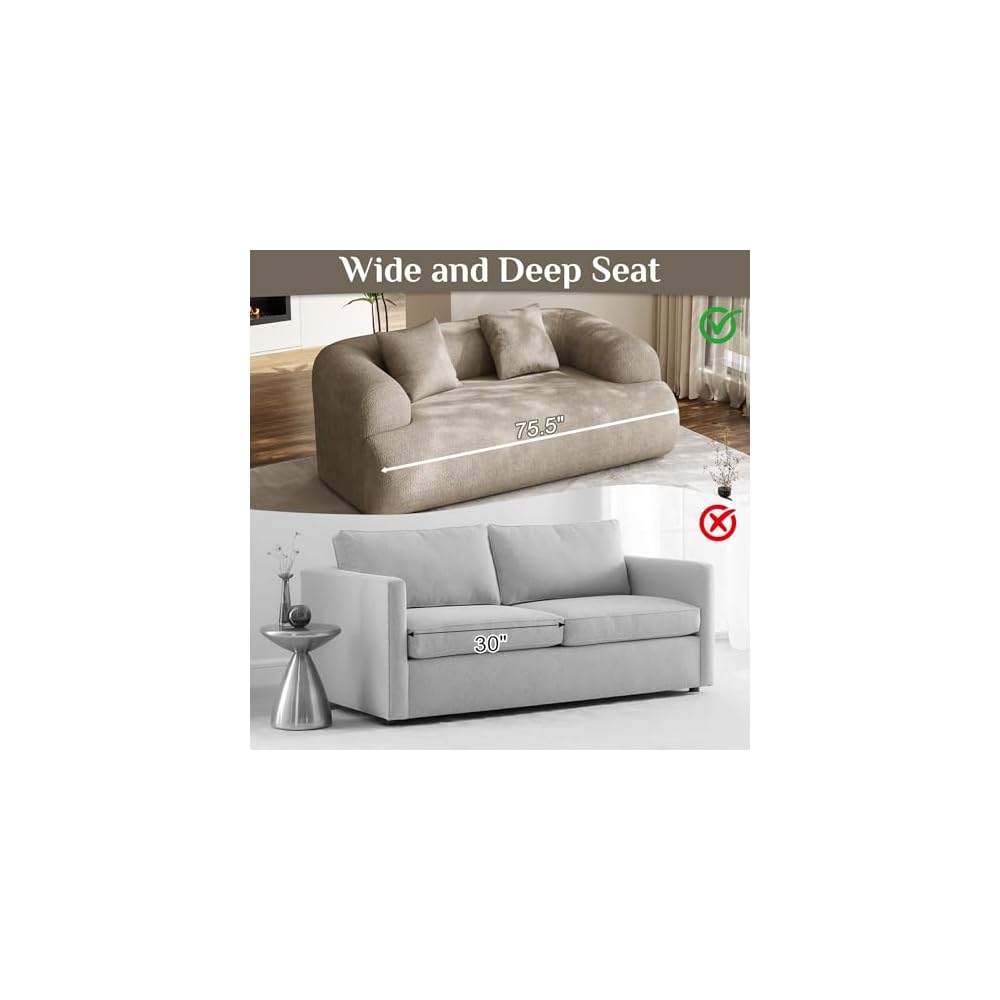 75" Boneless Cloud Loveseat, Modern Cute Curved Chenille Sofa, 2 Seater Compression Couch with 2 Pillows, No Assembly Required for Apartment Living Room, Light Brown