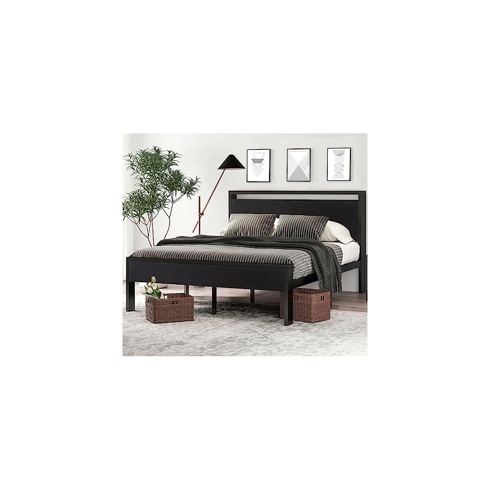 14 Inch Queen Size Metal Platform Bed Frame with Wooden Headboard and Footboard, Mattress Foundation, No Box Spring Needed, Large Under Bed Storage, Non-Slip Without Noise, Black Oak