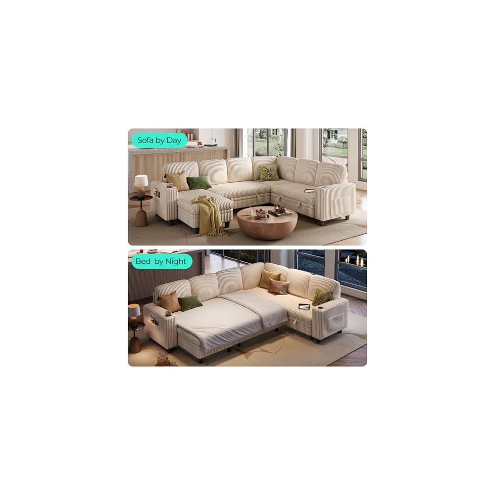 Sectional Sleeper Sofa with Pull Out Couch Bed - Convertible Plush Corduroy Cloud Couch with Storage Chaise & USB Charging, Comfy Modular Couches for Living Room, Beige